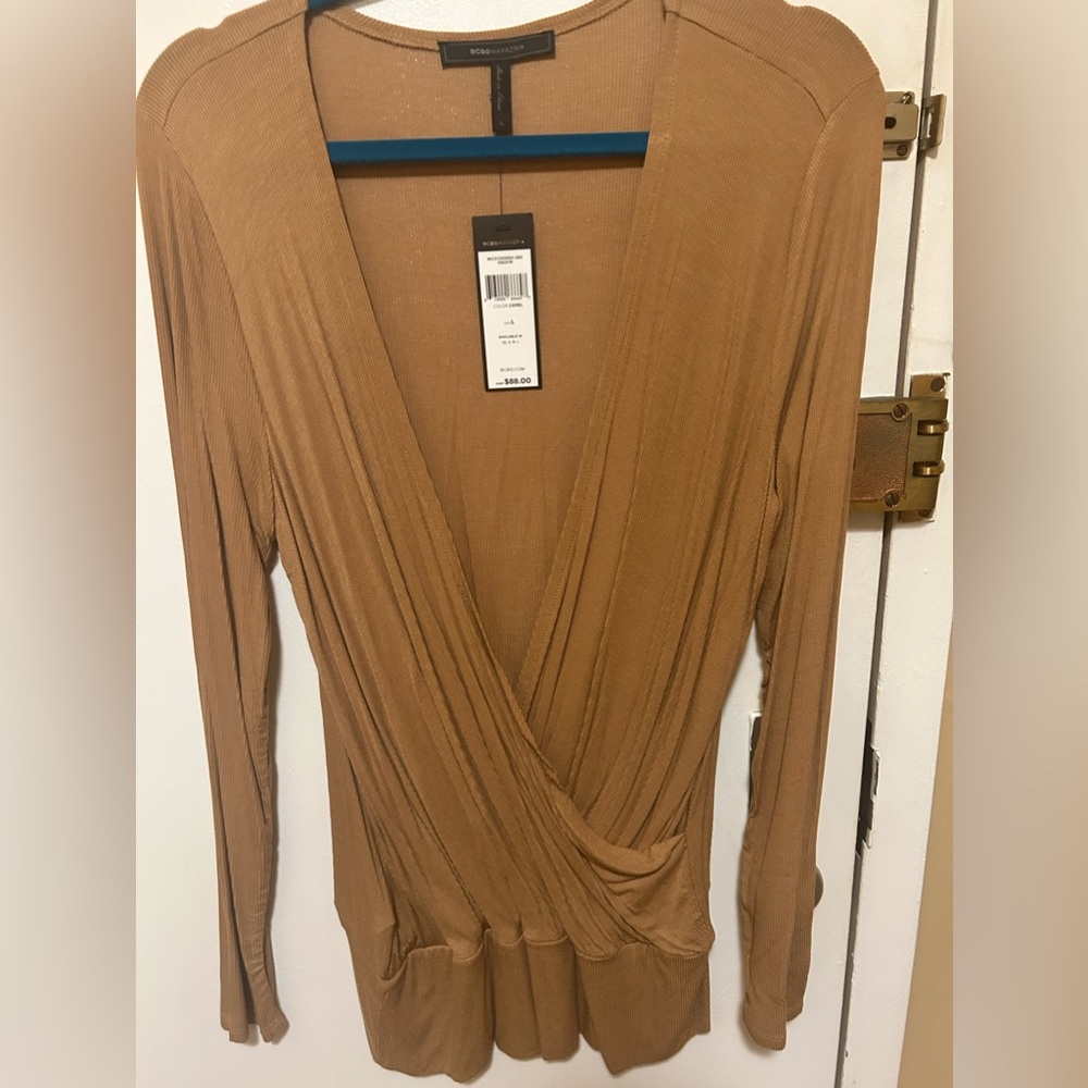 BCBG crossover tunic length long sleeve top